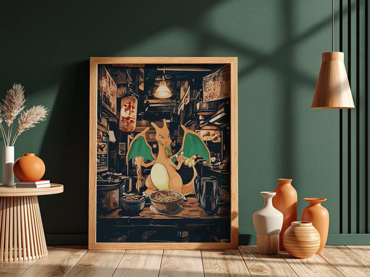 Charizard Ramen Series poster with Charizard eating ramen in neon-lit dark Japanese alley