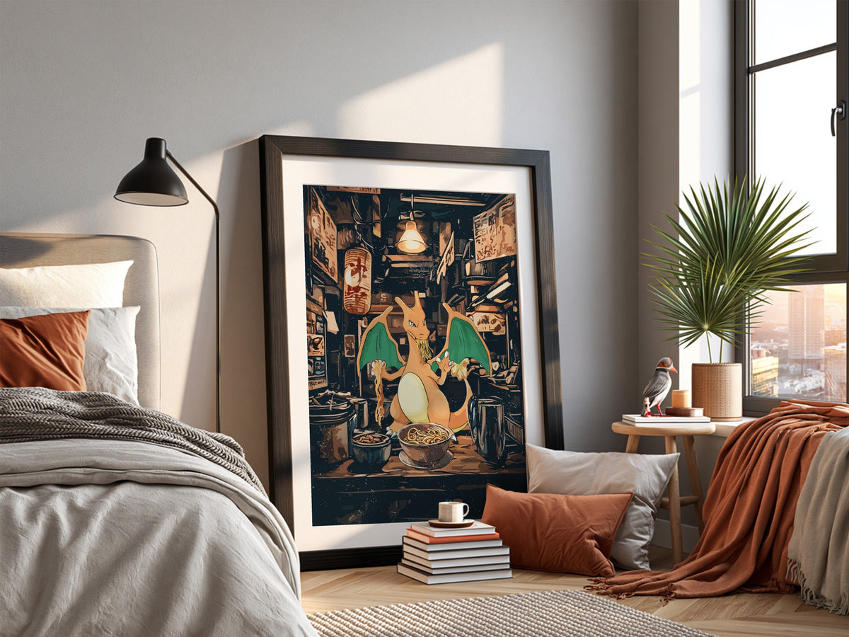 Charizard Ramen Series poster with Charizard eating ramen in neon-lit dark Japanese alley