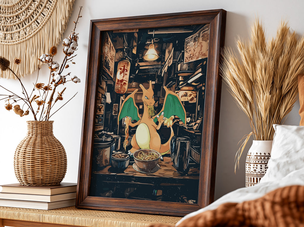Charizard Ramen Series poster with Charizard eating ramen in neon-lit dark Japanese alley