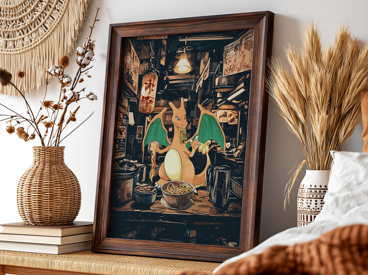 Charizard Ramen Series poster with Charizard eating ramen in neon-lit dark Japanese alley