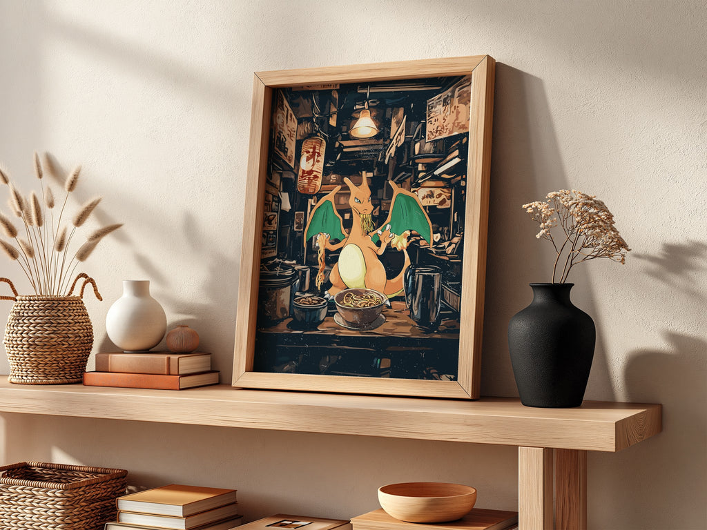 Charizard Ramen Series poster with Charizard eating ramen in neon-lit dark Japanese alley