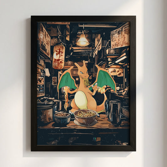 Charizard Ramen Series poster with Charizard eating ramen in neon-lit dark Japanese alley