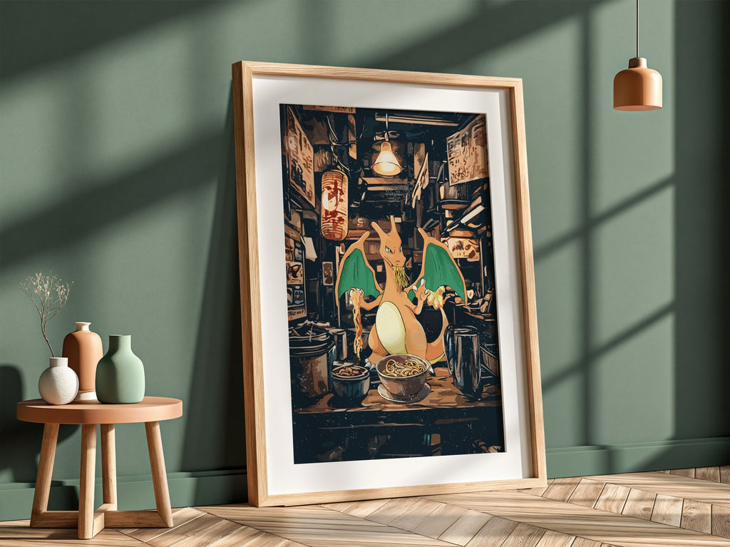 Charizard Ramen Series poster with Charizard eating ramen in neon-lit dark Japanese alley