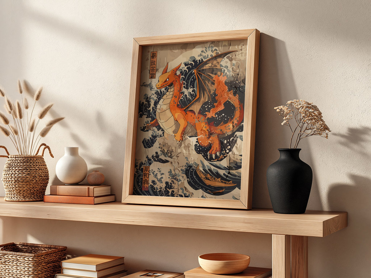Poster featuring orange Charizard dragon with Japanese blue wave background in ukiyo-e style