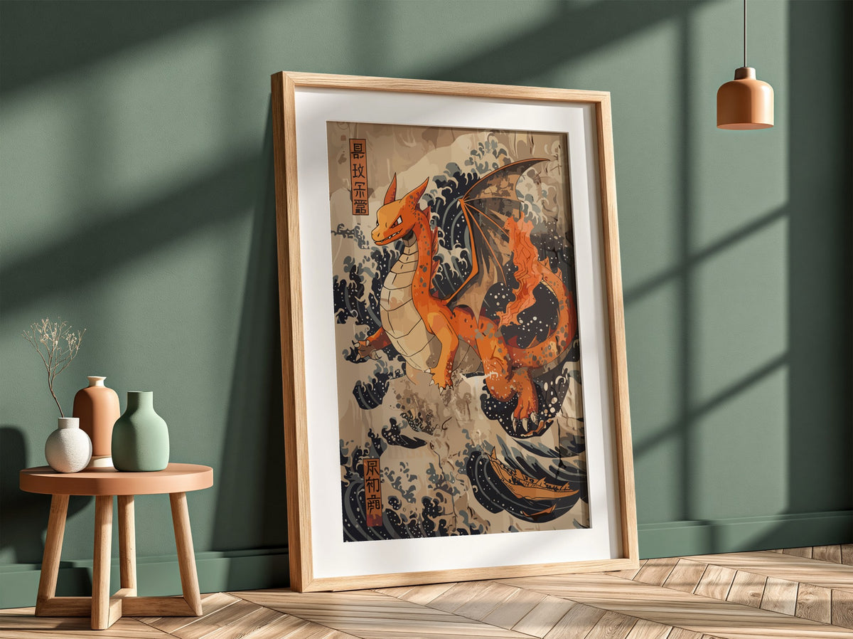 Poster featuring orange Charizard dragon with Japanese blue wave background in ukiyo-e style