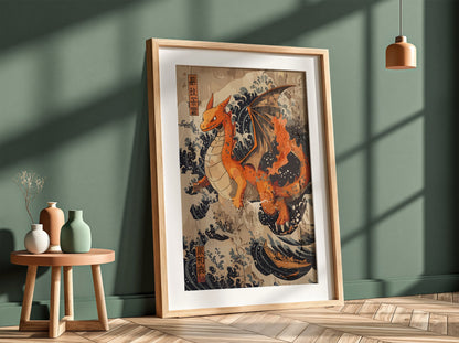 Poster featuring orange Charizard dragon with Japanese blue wave background in ukiyo-e style