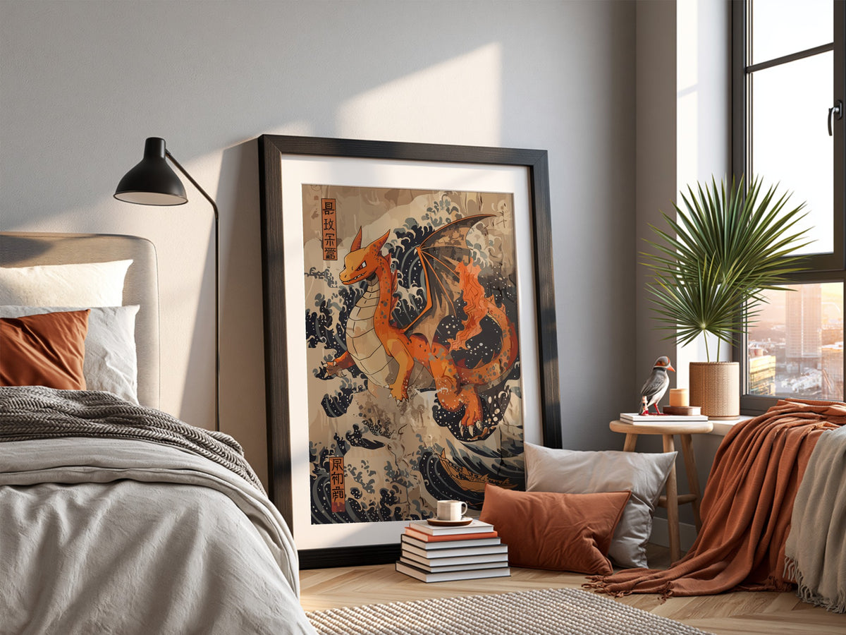 Poster featuring orange Charizard dragon with Japanese blue wave background in ukiyo-e style