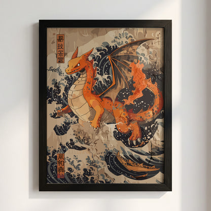 Poster featuring orange Charizard dragon with Japanese blue wave background in ukiyo-e style