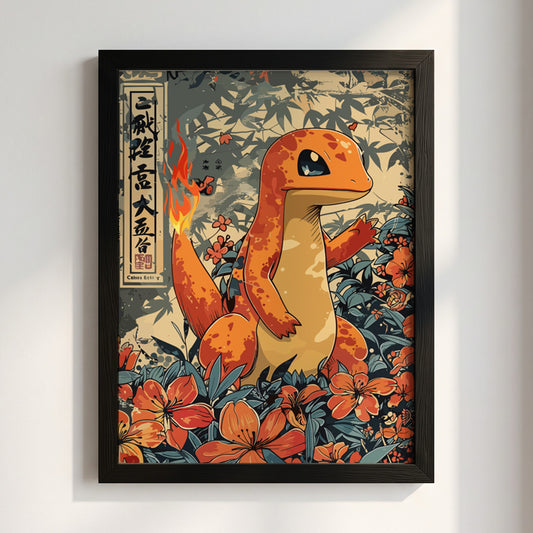 Poster featuring Charmander in Japanese style surrounded by orange flowers and green leaves with warm earthy