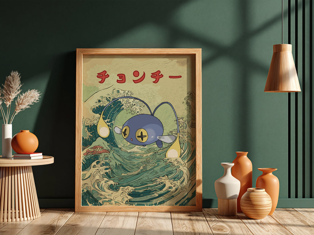 Pokemon poster featuring blue Chinchou against stylized Japanese ocean wave with red Japanese text