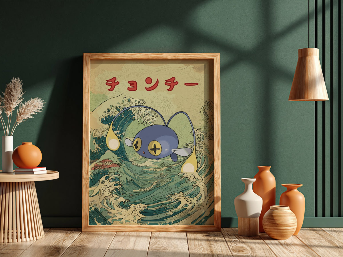 Pokemon poster featuring blue Chinchou against stylized Japanese ocean wave with red Japanese text