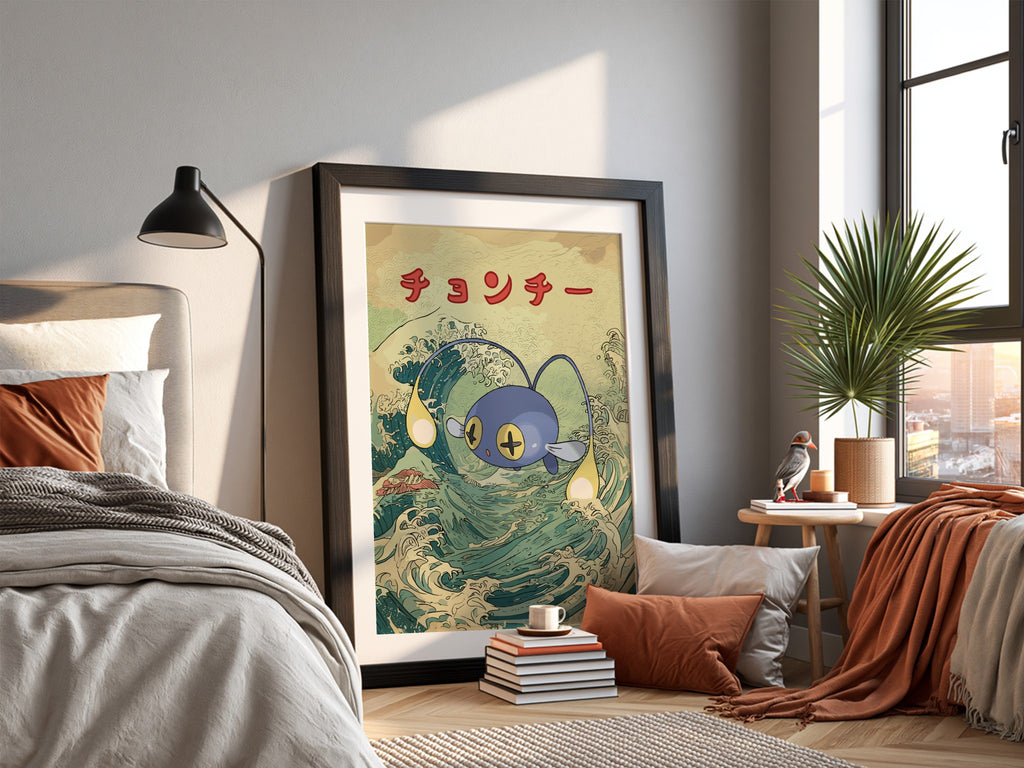 Pokemon poster featuring blue Chinchou against stylized Japanese ocean wave with red Japanese text