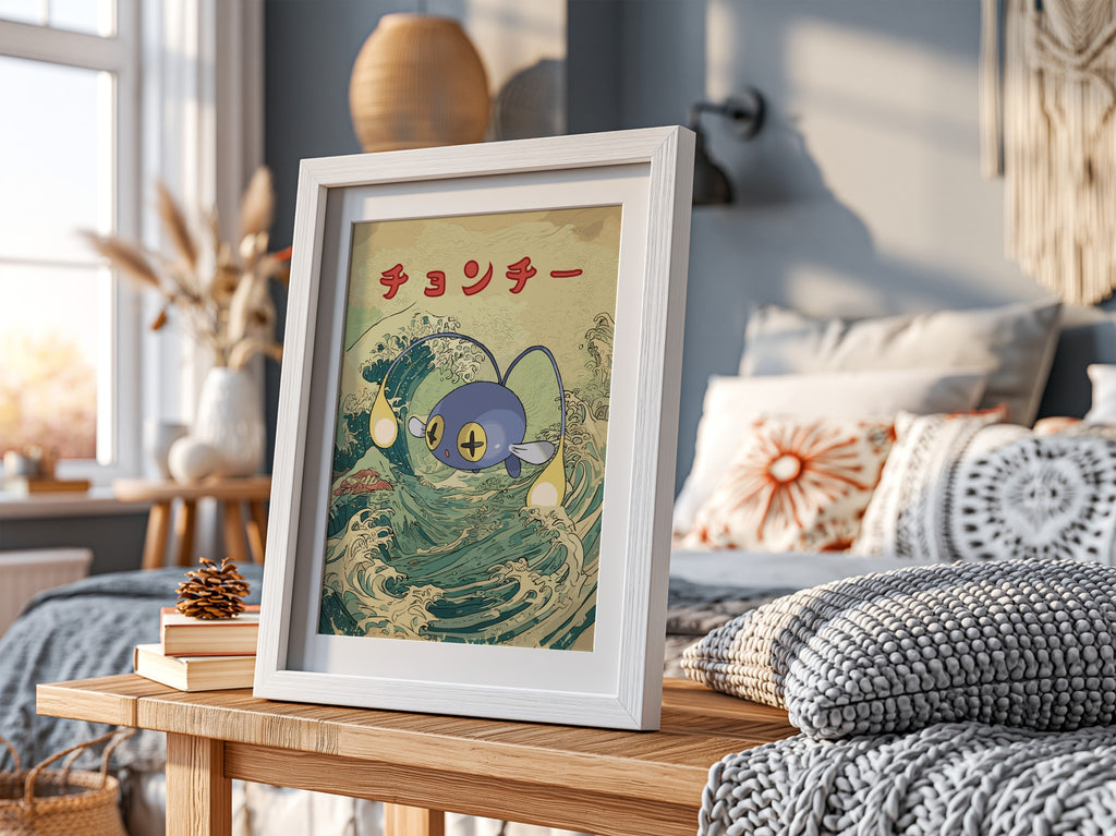 Pokemon poster featuring blue Chinchou against stylized Japanese ocean wave with red Japanese text