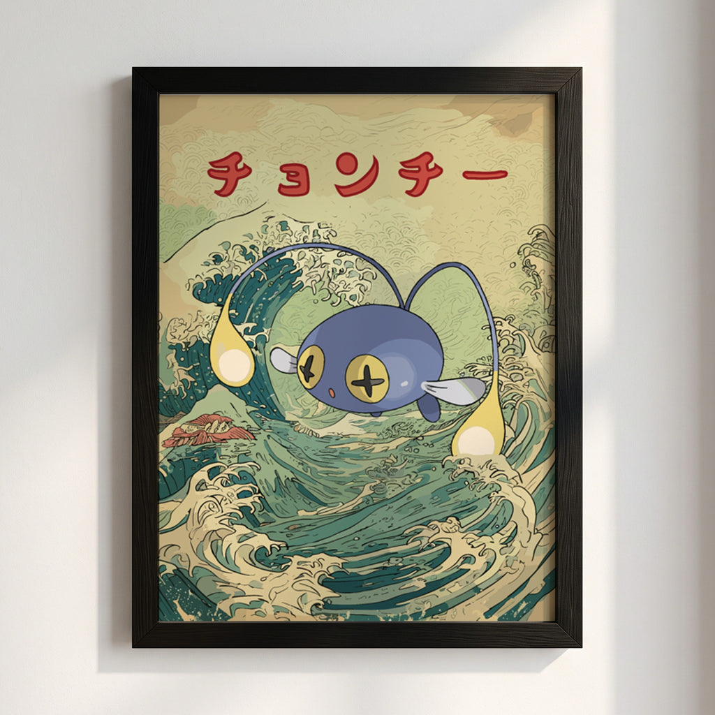 Pokemon poster featuring blue Chinchou against stylized Japanese ocean wave with red Japanese text