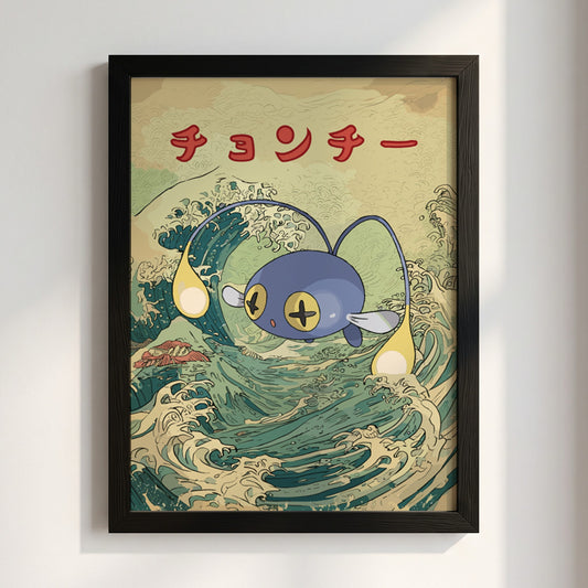 Pokemon poster featuring blue Chinchou against stylized Japanese ocean wave with red Japanese text