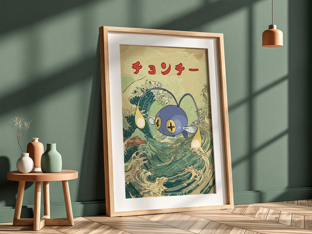 Pokemon poster featuring blue Chinchou against stylized Japanese ocean wave with red Japanese text