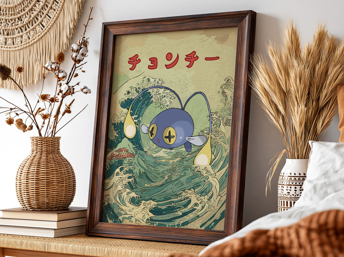 Pokemon poster featuring blue Chinchou against stylized Japanese ocean wave with red Japanese text