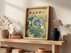 Pokemon poster featuring blue Chinchou against stylized Japanese ocean wave with red Japanese text