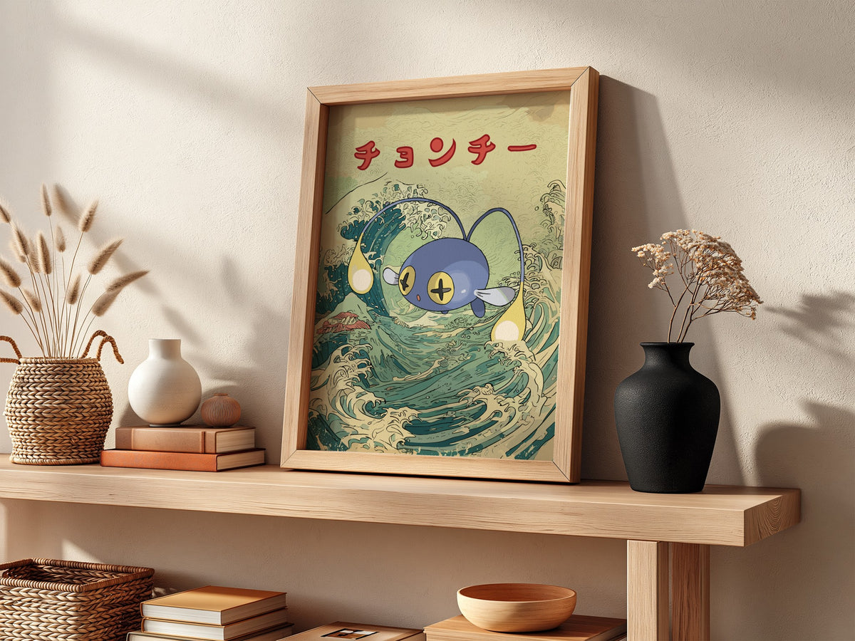 Pokemon poster featuring blue Chinchou against stylized Japanese ocean wave with red Japanese text