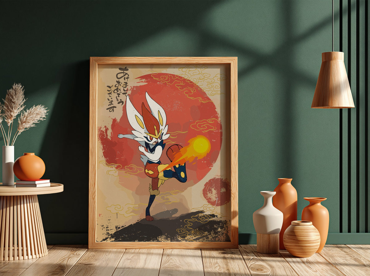 Poster of Cinderace character in vibrant red and yellow with Japanese calligraphy and rising sun background
