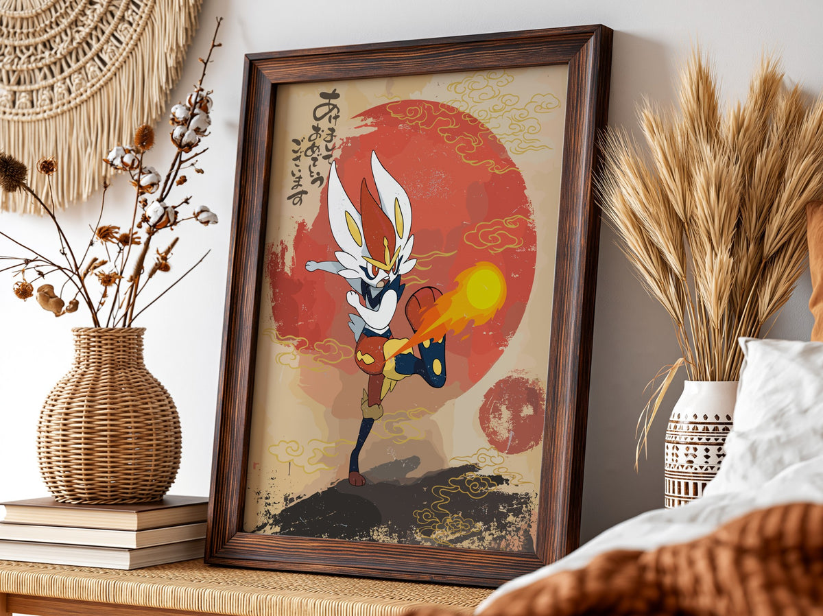 Poster of Cinderace character in vibrant red and yellow with Japanese calligraphy and rising sun background