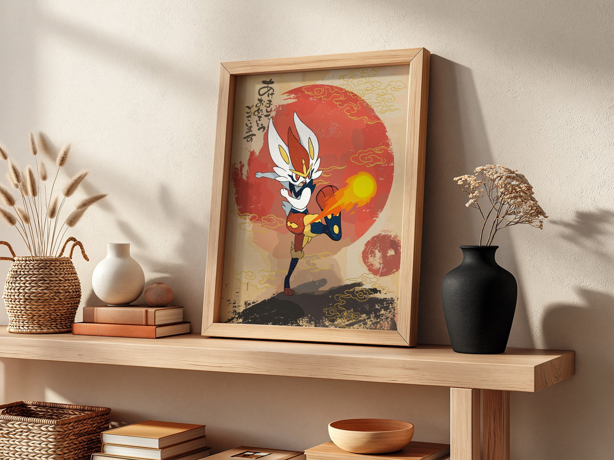 Poster of Cinderace character in vibrant red and yellow with Japanese calligraphy and rising sun background