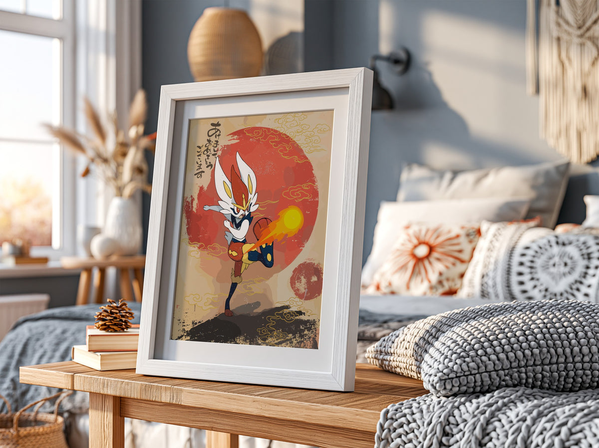 Poster of Cinderace character in vibrant red and yellow with Japanese calligraphy and rising sun background