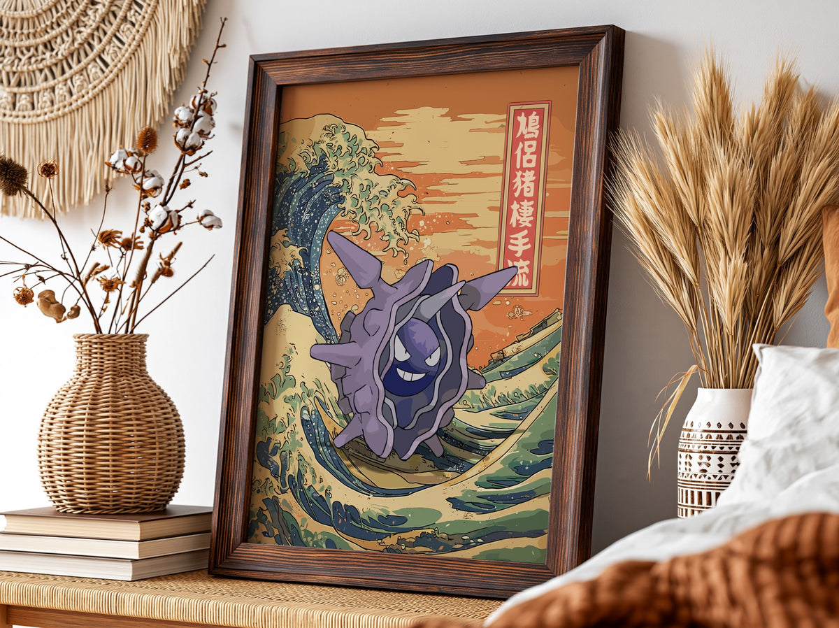 Pokemon poster featuring Cloyster with Japanese wave design in orange blue tones and Japanese characters
