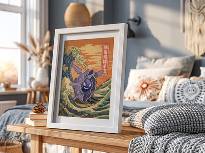 Pokemon poster featuring Cloyster with Japanese wave design in orange blue tones and Japanese characters