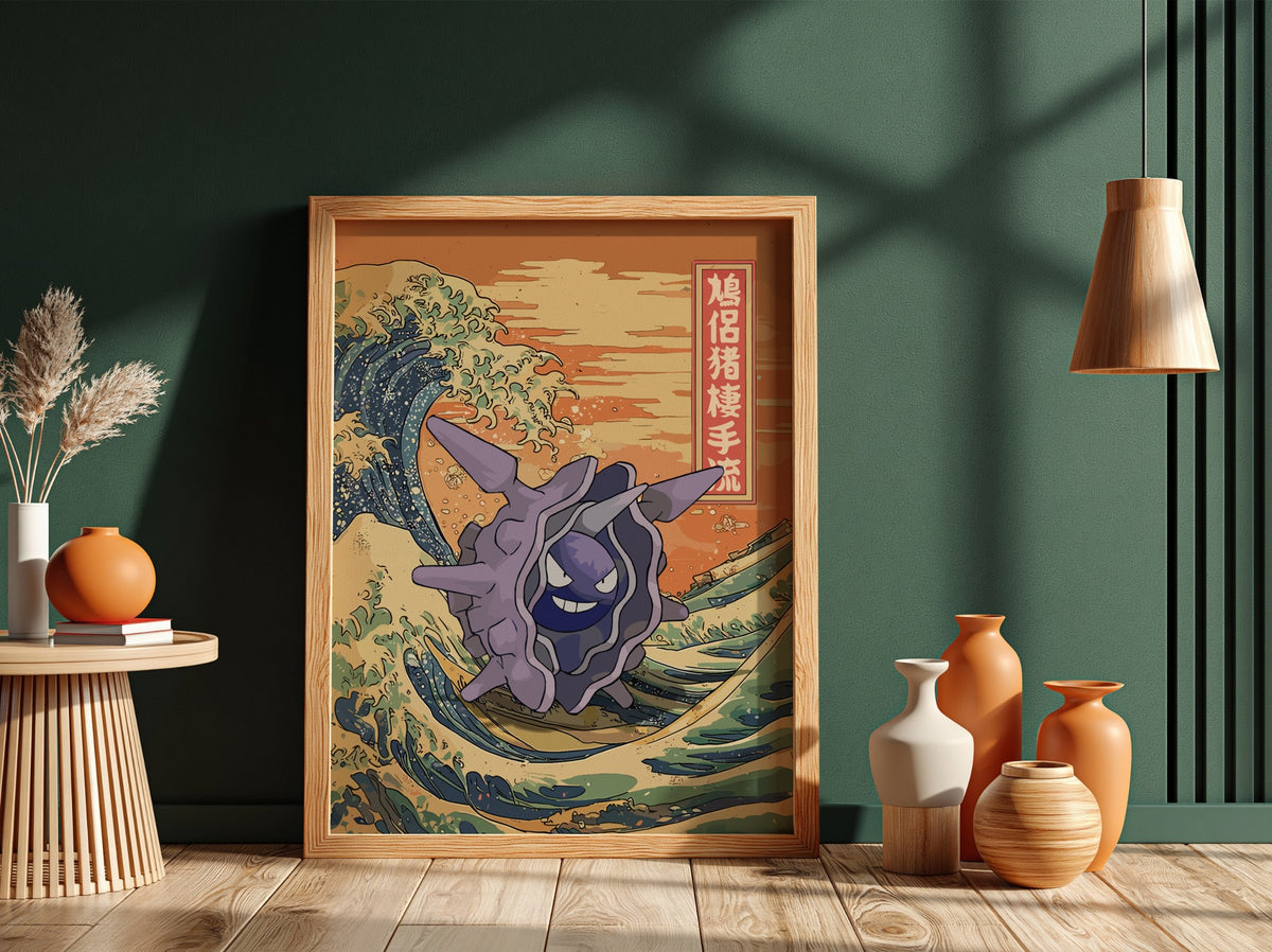 Pokemon poster featuring Cloyster with Japanese wave design in orange blue tones and Japanese characters