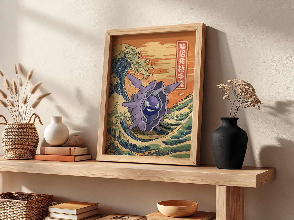 Pokemon poster featuring Cloyster with Japanese wave design in orange blue tones and Japanese characters