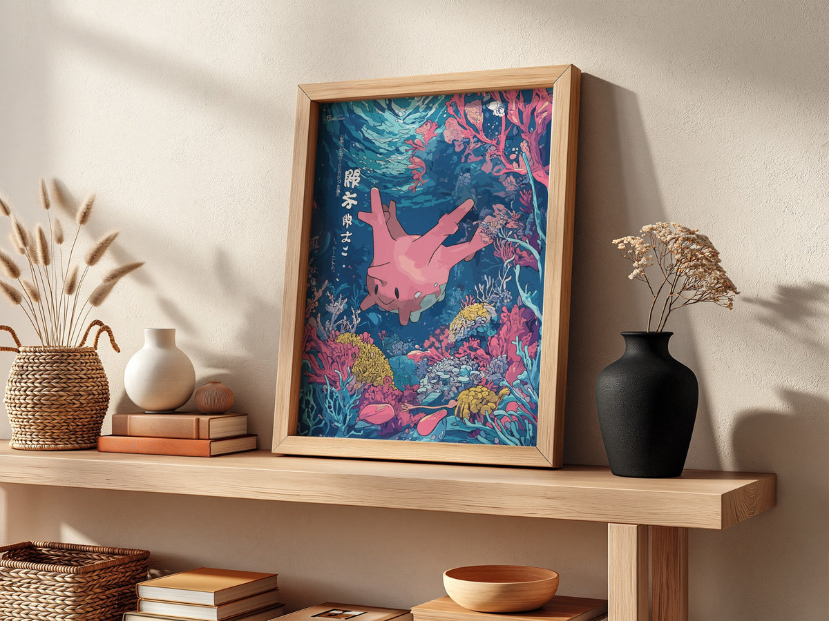 Poster wall decor featuring Corsola underwater with vibrant blues and pink coral reef in Japanese art style