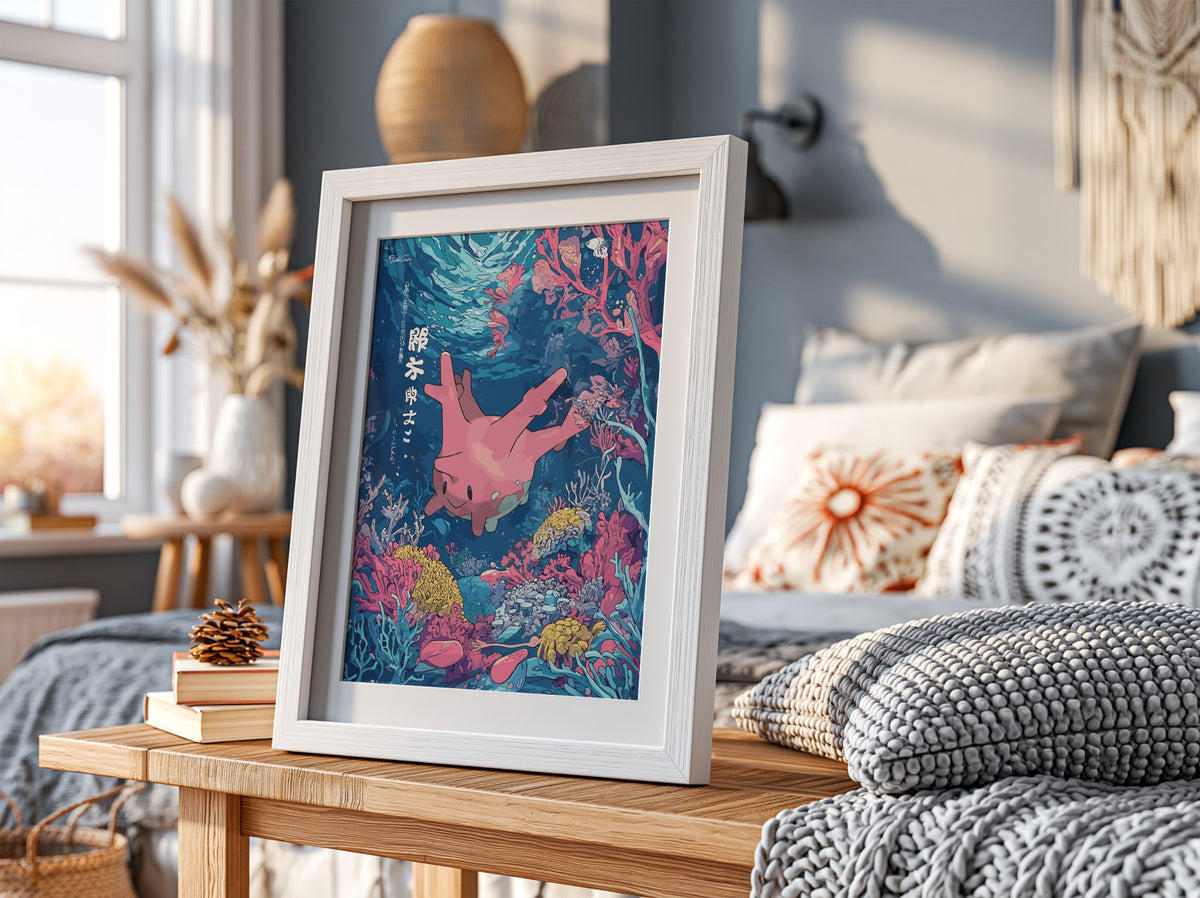 Poster wall decor featuring Corsola underwater with vibrant blues and pink coral reef in Japanese art style