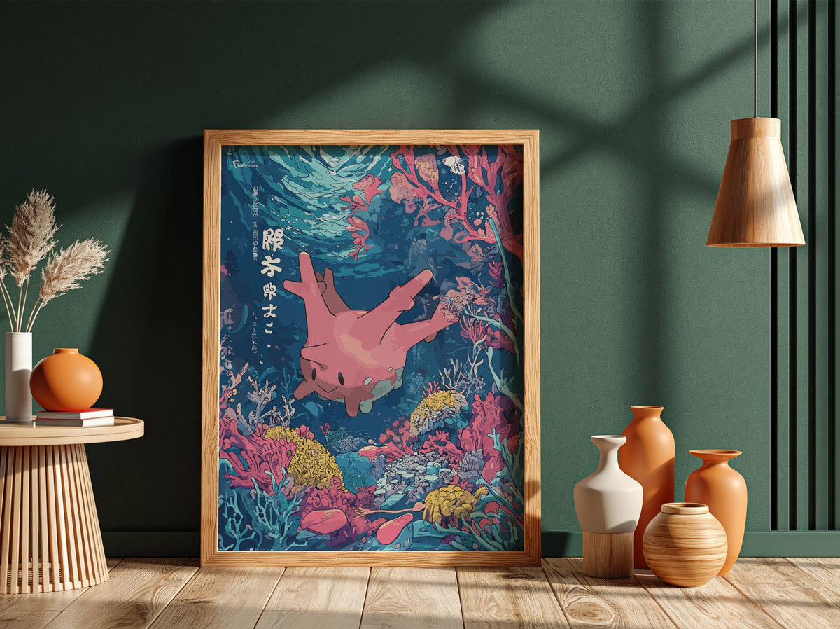 Poster wall decor featuring Corsola underwater with vibrant blues and pink coral reef in Japanese art style
