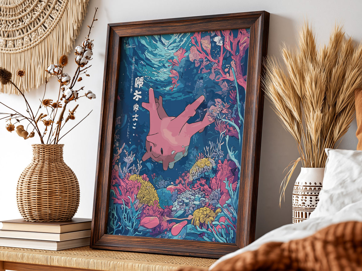 Poster wall decor featuring Corsola underwater with vibrant blues and pink coral reef in Japanese art style
