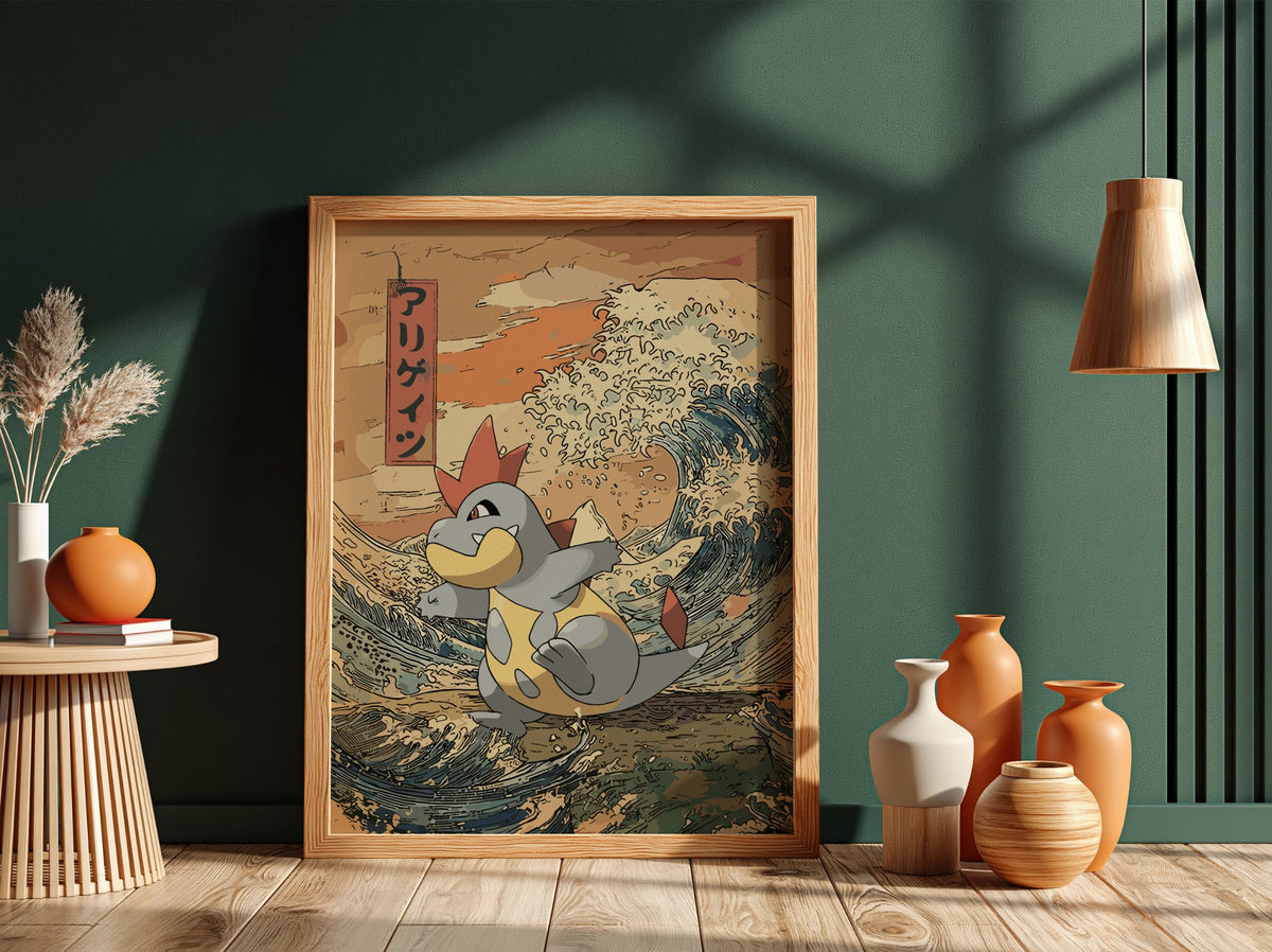 Pokemon poster of Croconaw with muted earth tones and blue waves in Japanese ukiyo-e style