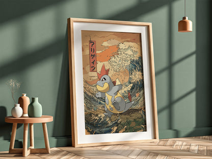 Pokemon poster of Croconaw with muted earth tones and blue waves in Japanese ukiyo-e style