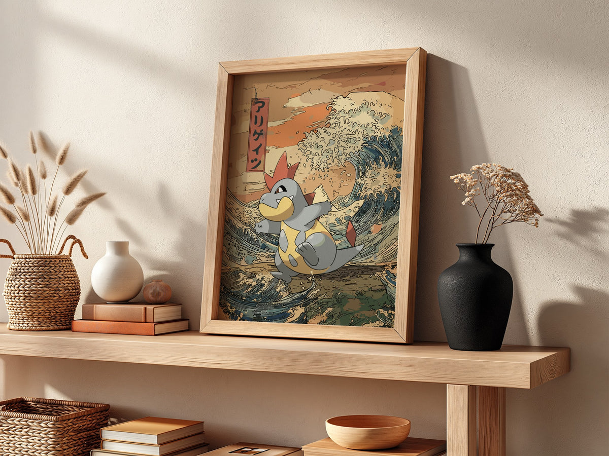 Pokemon poster of Croconaw with muted earth tones and blue waves in Japanese ukiyo-e style
