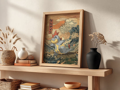 Pokemon poster of Croconaw with muted earth tones and blue waves in Japanese ukiyo-e style