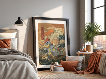 Pokemon poster of Croconaw with muted earth tones and blue waves in Japanese ukiyo-e style