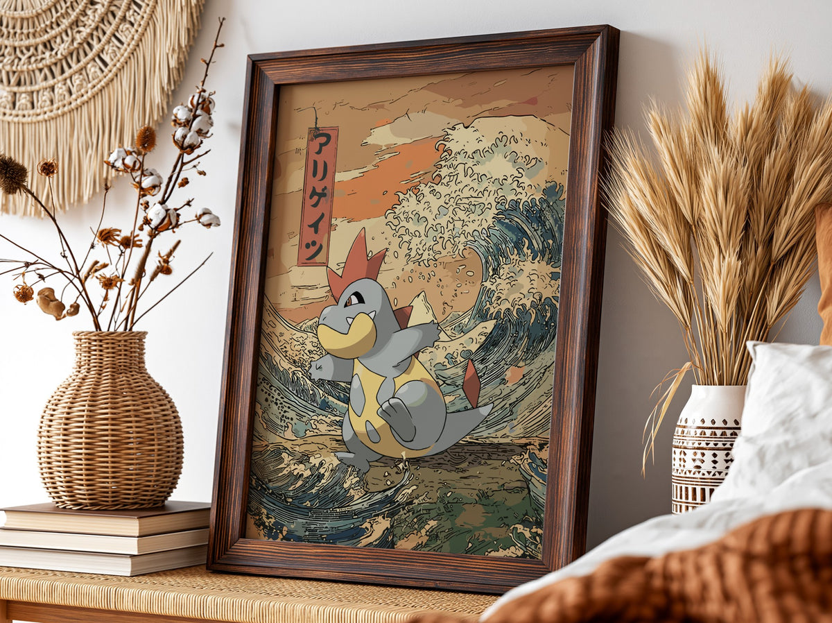Pokemon poster of Croconaw with muted earth tones and blue waves in Japanese ukiyo-e style