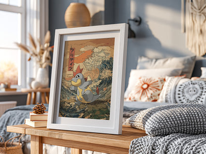 Pokemon poster of Croconaw with muted earth tones and blue waves in Japanese ukiyo-e style