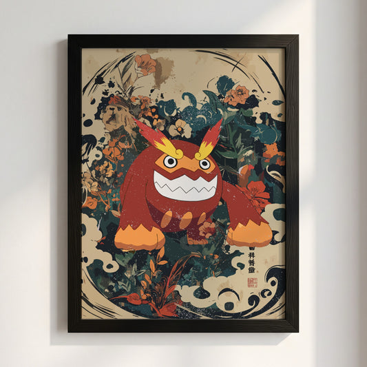 Poster of Darmanitan character in red with yellow accents on floral and abstract dark background