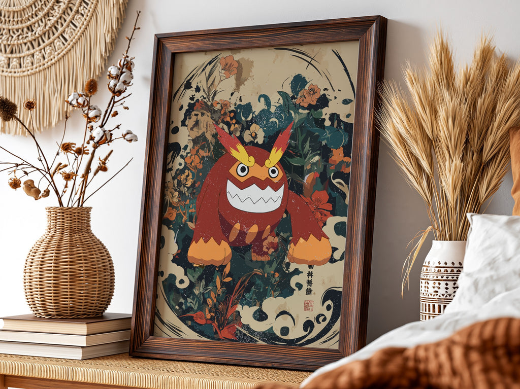 Poster of Darmanitan character in red and orange with floral and abstract background