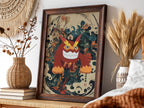 Poster of Darmanitan character in red and orange with floral and abstract background