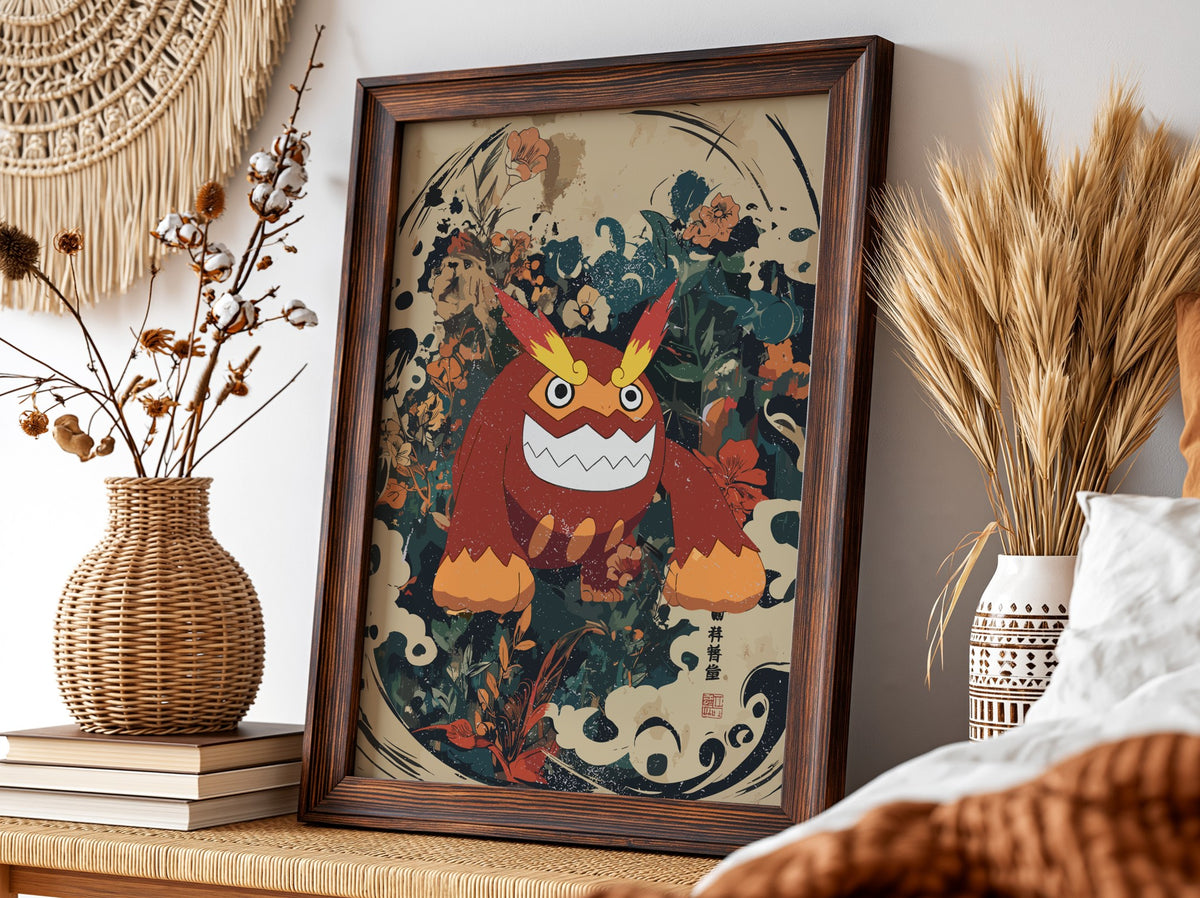 Poster of Darmanitan character in red and orange with floral and abstract background