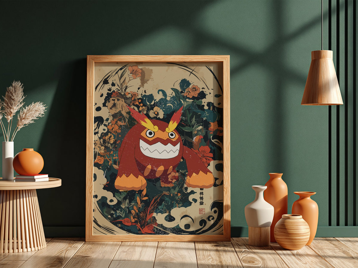 Poster of Darmanitan character in red and orange with floral and abstract background
