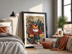 Poster of Darmanitan character in red and orange with floral and abstract background