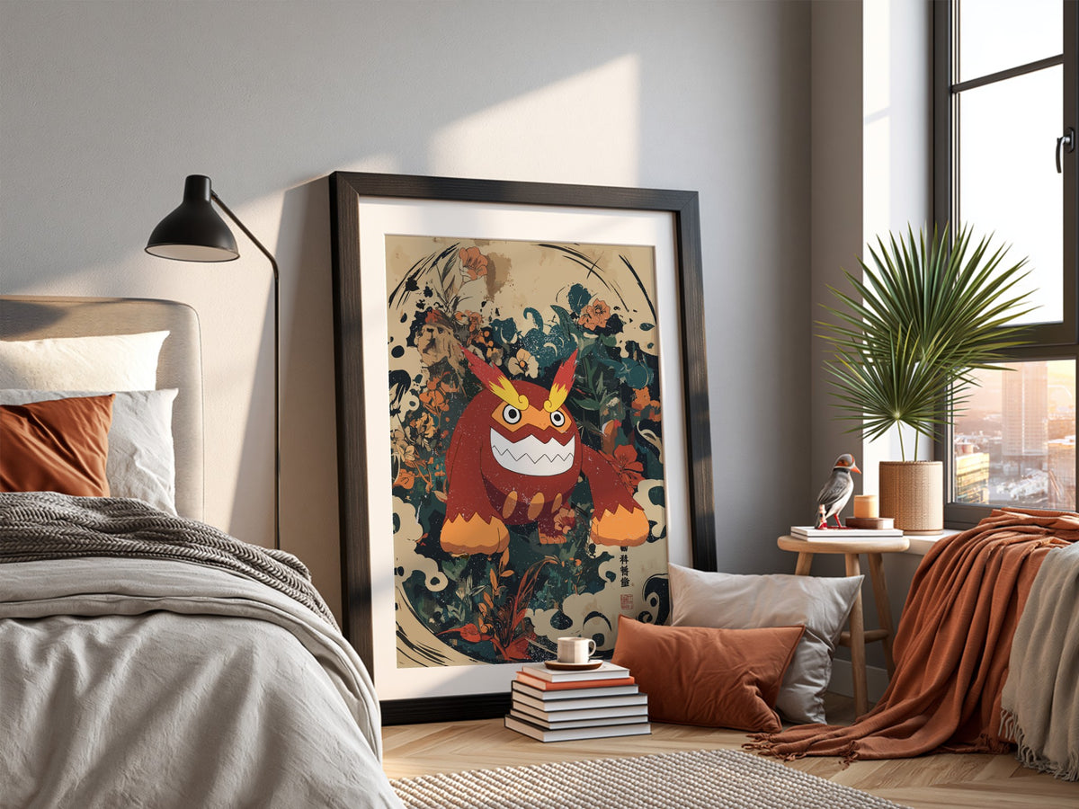 Poster of Darmanitan character in red and orange with floral and abstract background