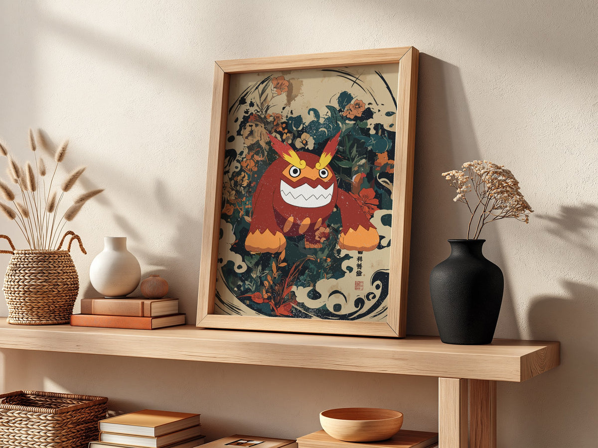 Poster of Darmanitan character in red and orange with floral and abstract background